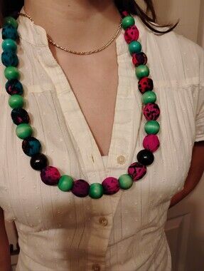 Multicolor Beaded Statement Necklace - Green, Pink & Black Fabric & Wooden Beads